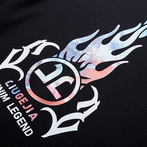 Men's oversized black sweatshirt with vibrant flame print and letter graphics details