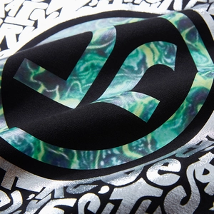 Loose black oversized sweatshirt featuring green marble logo and graffiti print design