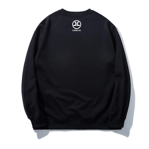 Oversized black crewneck sweatshirt for men with white circular back logo and lettering