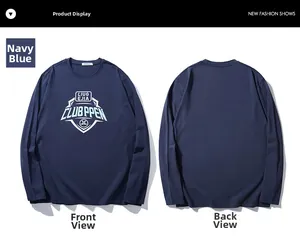 Front and back view of navy blue long sleeve T-shirt with collegiate letter print