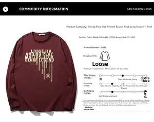 Détail du t-shirt rouge à manches longues grande taille avec tissu 95% coton et mesures