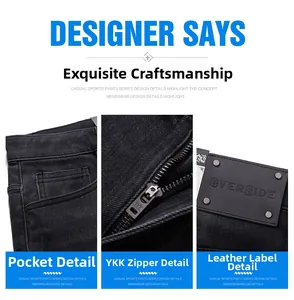 Detail of men's vintage black jeans showing YKK zipper, pocket and leather waist patch