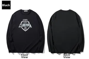 Detailed front and back view of a black long-sleeve T-shirt with white graphic print