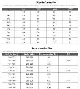 Size chart for men's plus size cotton t-shirt showing measurements from XL up to 10XL