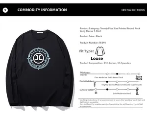 Detail view of cotton blend oversized long sleeve tee with logo print and product specs