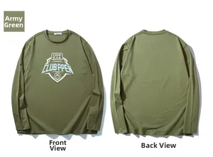 Detailed front and back view of army green long sleeve tee with shield graphic print