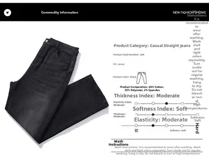Detail view of denim jeans fabric composition 68% cotton and washing care instructions