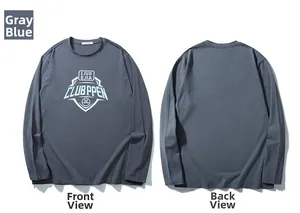 Detailed front and back view of blue-grey long sleeve T-shirt with letter graphic