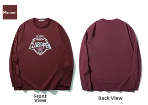 Front and back view of a men's reddish-brown long sleeve T-shirt with a shield logo print