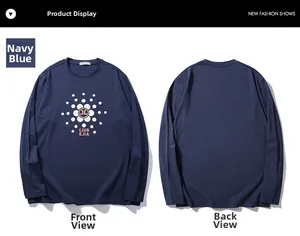 Navy blue men's long sleeve T-shirt front and back flat lay with floral print
