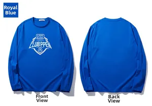 Detailed front and back view of a bright blue long-sleeved T-shirt with stylish white graphics