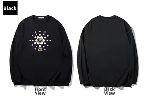 Front and back view of a black long-sleeved T-shirt with white dot circle print and logo