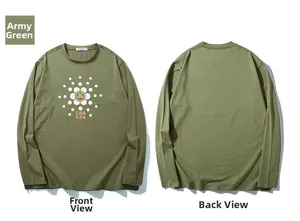 Flat lay of army green long sleeve T-shirt showing front and back with circular logo