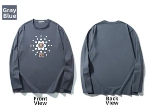 Detailed front and back views of grey-blue long sleeve T-shirt with graphic chest print