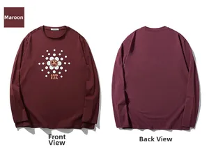 Front and back views of a brown long-sleeved T-shirt with sunburst graphic and lettering