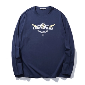 Men's loose long-sleeve navy T-shirt with lightning graphics and letter prints
