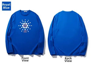 Front and back view of a royal blue long sleeve cotton T-shirt with circular graphic