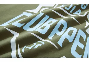 Macro detail of graphic print and cotton texture on army green long sleeve t-shirt