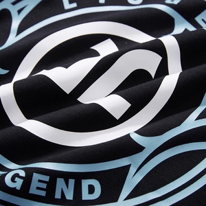 Men's loose black long sleeve T-shirt with light blue Legend graphic print detail