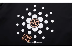 Macro detail of abstract floral print and orange artistic lettering on black knit fabric