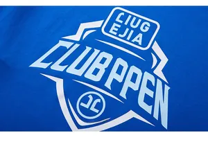 Macro view of collegiate style badge print on royal blue cotton long sleeve t-shirt
