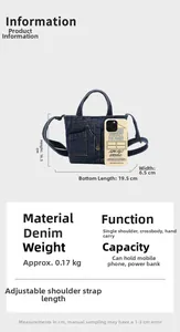 Detailed size specifications of the blue denim crossbody bag with dimensions shown
