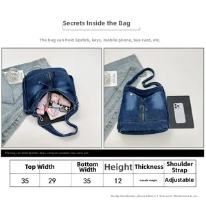 Guide des tailles et détails de la capacité du sac cabas en jean avec bandoulière réglable