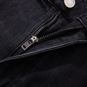 Men's loose straight jeans with dark grey wash denim and silver YKK zipper detail