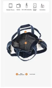 Detail view of denim tote bag interior structure showing main pocket and front pocket space