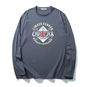 Casual loose-fit dark grey long-sleeve T-shirt with letter and geometric print for men