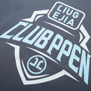 Deep grey oversized long sleeve t-shirt with retro blue graphic lettering and logo print