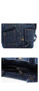 Detailed macro view of dark denim tote with front pockets and smooth metal zippers