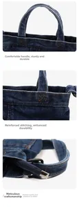 Close-up of durable denim handbag features contrast stitching and reinforced handles