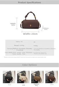 Detailed size chart and dimensions of the PU leather handbag shown in four colors