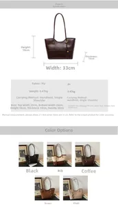 Detailed size chart and multi-color options for large capacity PU leather tote bag