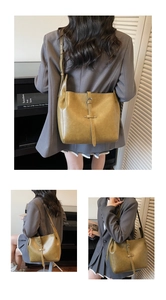 Detailed views of an olive green vintage bucket bag with adjustable shoulder strap