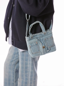 Retro Denim Shoulder Bag For Women Vintage Wash Denim Tote Bag With Pockets Stitching Casual Crossbody Handbag Daily Work