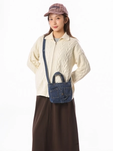 Retro dark blue denim crossbody bag with vintage double pockets and metal button