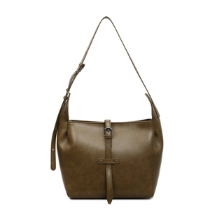 Minimalist olive green tote bag with decorative buckle strap and adjustable shoulder strap