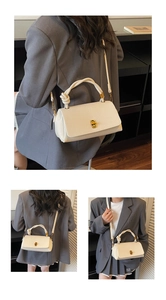 Multiple views of a beige lychee leather handbag with decorative knot handle and gold buckle