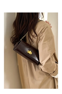 Detail of dark brown rectangle shoulder bag with gold chain strap and metal lock
