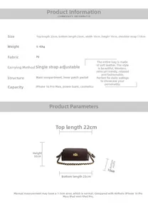 Detailed size chart for retro chain shoulder bag with precise measurements and capacity info