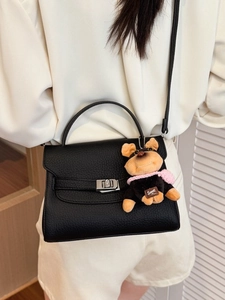 Women Vintage Top Handle Handbag Lychee Pattern PU Leather Crossbody Bag With Plush Dog Pendant Elegant Urban Square Satchel