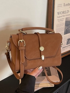 Vintage Matte PU Leather Crossbody Bag For Women Contrast Stitching Flap Top Handle Shoulder Bag Retro Small Square Bag