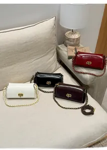 Detail of elegant chain handbags in white, black, burgundy, and coffee with gold clasps