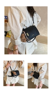 Detailed views of a black pebbled leather baguette bag with a brown plush bear charm
