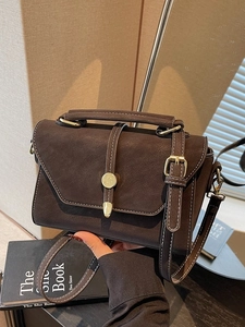 Retro dark brown crossbody bag with matte PU leather and golden metallic buckle