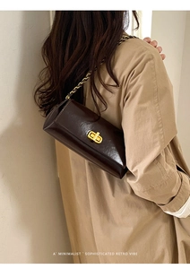 Detail of dark brown leather crossbody bag featuring gold chain strap and twist lock