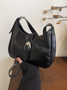 Minimalist black PU leather underarm bag with vintage silver buckle for daily wear