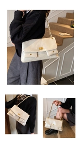 Multiple views of beige quilted shoulder bag with gold chain and front pockets